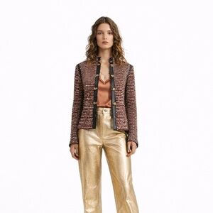 St. John leather trim tweed Women's Striped Jacket gold clasps
